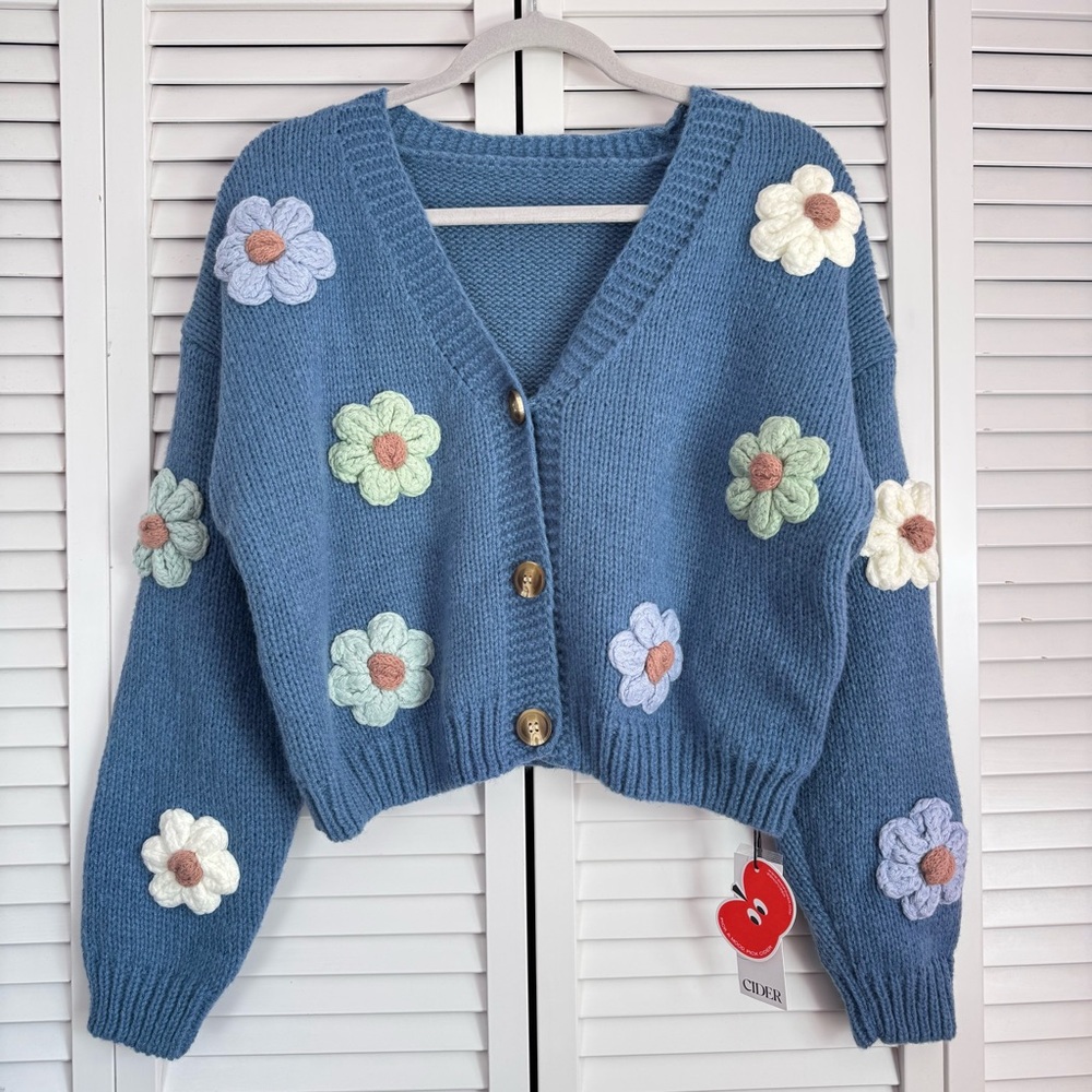 Cider Blue Cardigan with Floral Accents